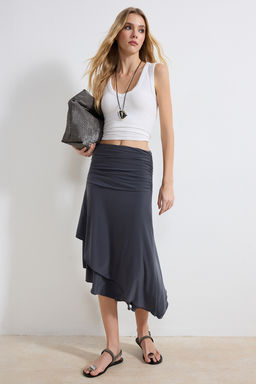 Antrasit Skater Asimetrik F?rf?rl? Yuksek Bel Midi Esnek Orme Etek TWOSS26ET00026