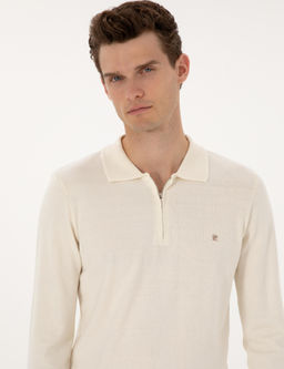 Ekru Slim Fit Polo Yaka Fermuarl_ Basic Triko Kazak - Pierre cardin фото 2