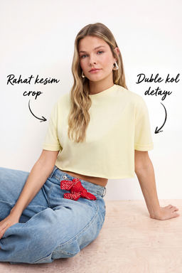 Sar_ Boxy D___k Kol K_sa Kollu Crop/K_sa %100 Pamuk _rme T-Shirt TWOSS26TS00183