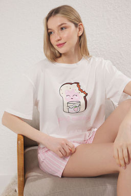 Kad?n Mini Me/Anne K?z Beyaz %100 Pamuklu Cizgili Bask?l? Sortlu Orme Pijama Tak?m? THMSS25PT00353