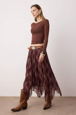 Kahverengi Ekoseli Asimetrik Astarl? Sifon K?r?s?k Dokuma Asimetrik Uzun Etek TWOSS26ET00049