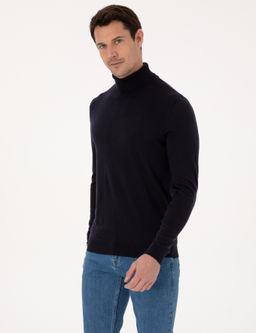 Lacivert Slim Fit Pamuk Kar___ml_ Bal_k__ Yaka Basic Triko Kazak