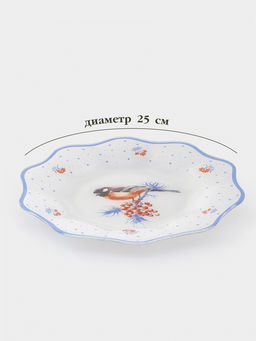 Тарелка Доляна Снегири на ветке, d=25 см, h=2 см, стекло, белая, голубая