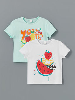 Bisiklet Yaka Meyve Bask?l? K?z ?ocuk Ti??rt 2li