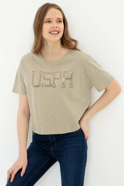 Женская укороченная футболка цвета хаки с круглым вырезом Неожиданная скидка в корзине - U.s. polo assn фото 3