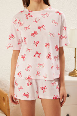 Trendyolmilla Pembe %100 Pamuklu Kurdele/Fiyonklu Sortlu Orme Pijama Tak?m? THMSS25PT00238  фото 8