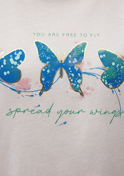 Kelebek Bask?l? Beyaz Tisort - Mavi фото 6