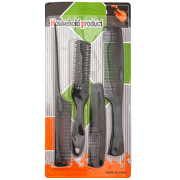 Набор "Домашняя парикмахерская" 4 предмета: расческа с ручкой 21,2х2,5х0,4см; расческа с ручкой 19,6х3,2х0,5см; расческа с ручкой, с лезвием 17,4х2,8х3см, расческа 12,7х2,7х0,3см, на картоне (Китай)