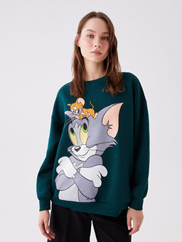 Bisiklet Yaka Tom ve Jerry Bask?l? Uzun Kollu Oversize Kad?n Sweatshirt