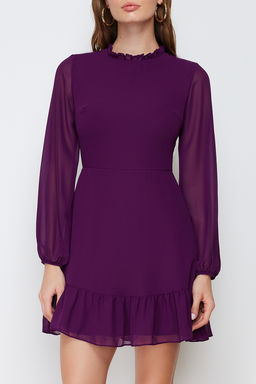 TRENDYOLMILLA Siyah A Kesim F?rf?r Detayl? Dik Yaka Mini Astarl? Sifon Dokuma K?sl?k Elbise TWOAW24EL00722  фото 4