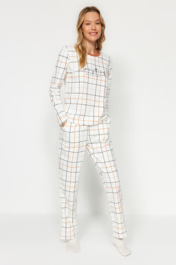 Beyaz %100 Pamuklu Ekoseli Tshirt-Pantolon Orme Pijama Tak?m? THMAW24PT00235