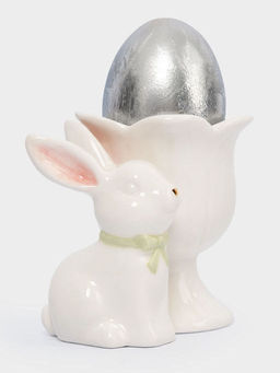 Подставка для яйца, 7 см, керамика, молочно-золотистая, Кролик с цветком, White Rabbit