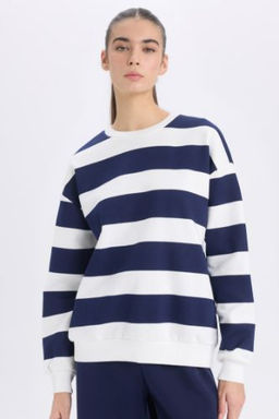 Relax Fit Bisiklet Yaka Cizgili Kal?n Sweatshirt