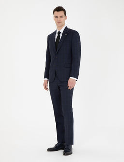 Lacivert Slim Fit %100 Y_n Ekose Tak_m Elbise