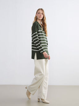 Polo Yaka ?izgili Oversize Kad?n Triko Kazak