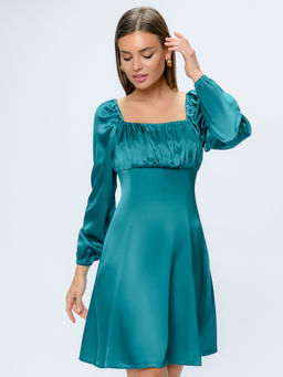 Платье бирюзовое длины мини с пышными рукавами и прямоугольным вырезом - 1001dress фото 5