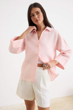 Pembe %100 Keten Rahat Gomlek TWOSS26GO00165 - Trendyolmilla фото 3