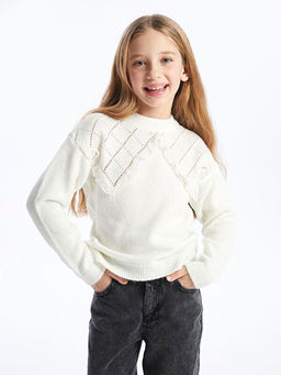 Bisiklet Yaka Kendinden Desenli Uzun Kollu K?z ?ocuk Triko Kazak