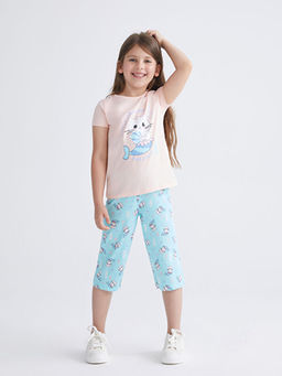 Bask?l? K?z ?ocuk ?ortlu Pijama Tak?m?