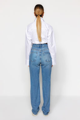 TRENDYOLMILLA Mavi Y?rt?kl? Yuksek Bel Uzun Straight Jeans TWOAW24JE00033