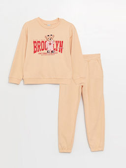 Bisiklet Yaka Bask?l? Uzun Kollu K?z ?ocuk Sweatshirt ve E?ofman Alt?