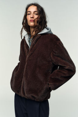 CONTRAST BOMBER JACKET WITH FAUX FUR HOODIE