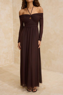 Kahverengi Tul Boyundan Baglamal? Etegi Belden Ac?lan Maxi Abiye & Mezuniyet Elbisesi TPRSS26AE00001 - Trendyolmilla фото 3