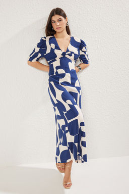 Lacivert Geometrik Desenli A Kesim Midi Viskon Dokuma Elbise TWOSS25EL00314