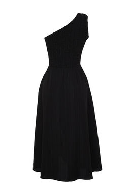 Siyah Belden Ac?lan Ust Bedeni Gipeli Tek Omuz Midi Dokuma Elbise TWOSS23EL01830