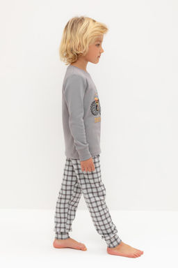 К 1541/холодный серый,клетка пижама дет