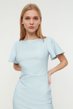 Mavi Fitted/Vucuda Oturan Volanl? Astarl? Midi Dokuma Elbise TWOSS20EL1342