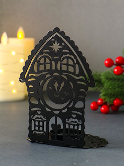 Подсвечник на 1 свечу Домик новогодний с часами, металл, чёрный, 6.7?10?13.5 см