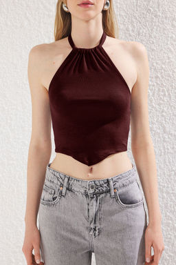 Bordo Boyundan Baglamal? Fitted/Vucuda Oturan Orme Bluz TWOSS25BZ00136 - Trendyolmilla фото 3