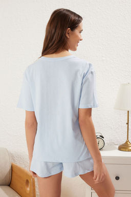 Trendyolmilla Mavi %100 Pamuklu Kopekli ve Sloganl? Sortlu Orme Pijama Tak?m? THMSS25PT00272 фото 5