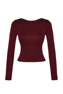 Koyu Bordo Pamuklu S?rt Dekolteli Fitted/Vucuda Oturan Esnek Orme Bluz TWOAW24BZ00160