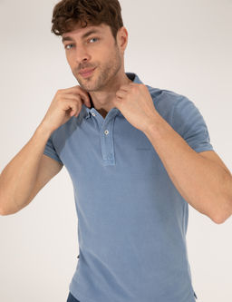 Koyu Mavi Slim Fit Eskitme Polo Yaka Ti__rt