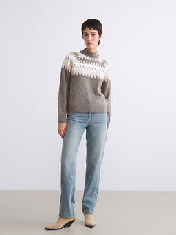 Yar?m Bal?k?? Yaka Desenli Kad?n Triko Kazak