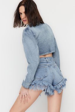 TRENDYOLMILLA X Sagaza Studio Mavi Tas Bask?l? Denim Sort TCLSS23SR00000  фото 3