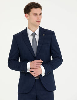 Lacivert Ekstra Slim Fit _izgili Tak_m Elbise