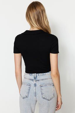 Siyah Fitted/Vucuda Oturan Crop Polo Yaka Fitilli Esnek Orme Bluz TWOSS21BZ0038