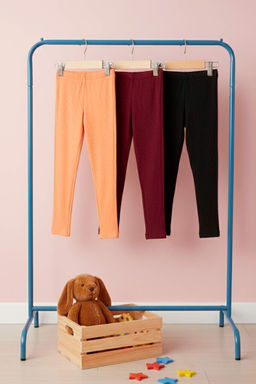 Siyah-Pudra-Bordo Pamuklu 3lu K?z Cocuk Duz Orme Tayt TKDAW26TA00004 - Trendyolmilla фото 4