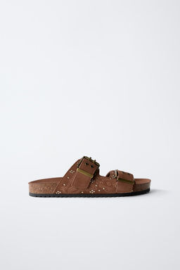SPLIT SUEDE SANDALS WITH MICRO-STUDS AND BUCKLES