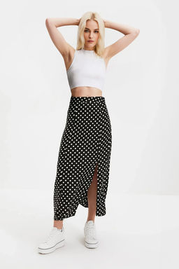 TRENDYOLMILLA Koyu Lacivert Desenli Y?rtmac Detayl? Viskon Midi Dokuma Etek TWOAW20ET0205