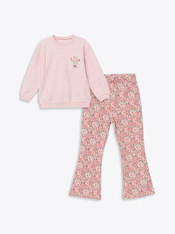 Bisiklet Yaka Uzun Kollu ?i?ekli K?z Bebek Sweatshirt ve Tayt 2li Tak?m