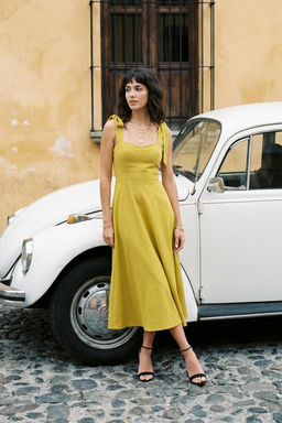 Yag Yesili A-Kesim Ask? Baglama Detayl? Dokuma Midi S?k Abiye Gece Mezuniyet Elbisesi TPRSS24EL00251