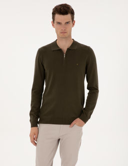 Haki Slim Fit Polo Yaka Fermuarl_ Basic Triko Kazak