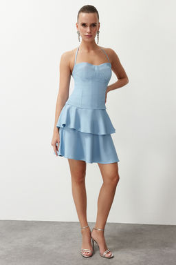 Ac?k Mavi A-Kesim Dokuma K?sa S?k Abiye Elbise TPRSS24EL00149