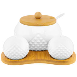 Набор - сахарница + солонка + перечница "Ромбики" 16*17*8,5 см, сахарница 11*11*8,5 см 440 мл с ложкой и деревянной крышкой, высота без крышки 6,5 см, солонка и перечница - 6*6*5 см 75 мл - каждая, на деревянной подставке