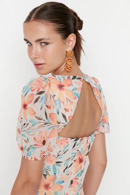 Beyaz Cicekli A Kesim Sifon Mini Astarl? Dokuma Elbise TWOSS22EL2168