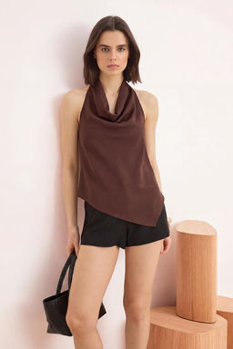 Kahverengi Degaje Yaka S?rt Dekolteli Dokuma Krep Bluz TWOSS26BZ00408